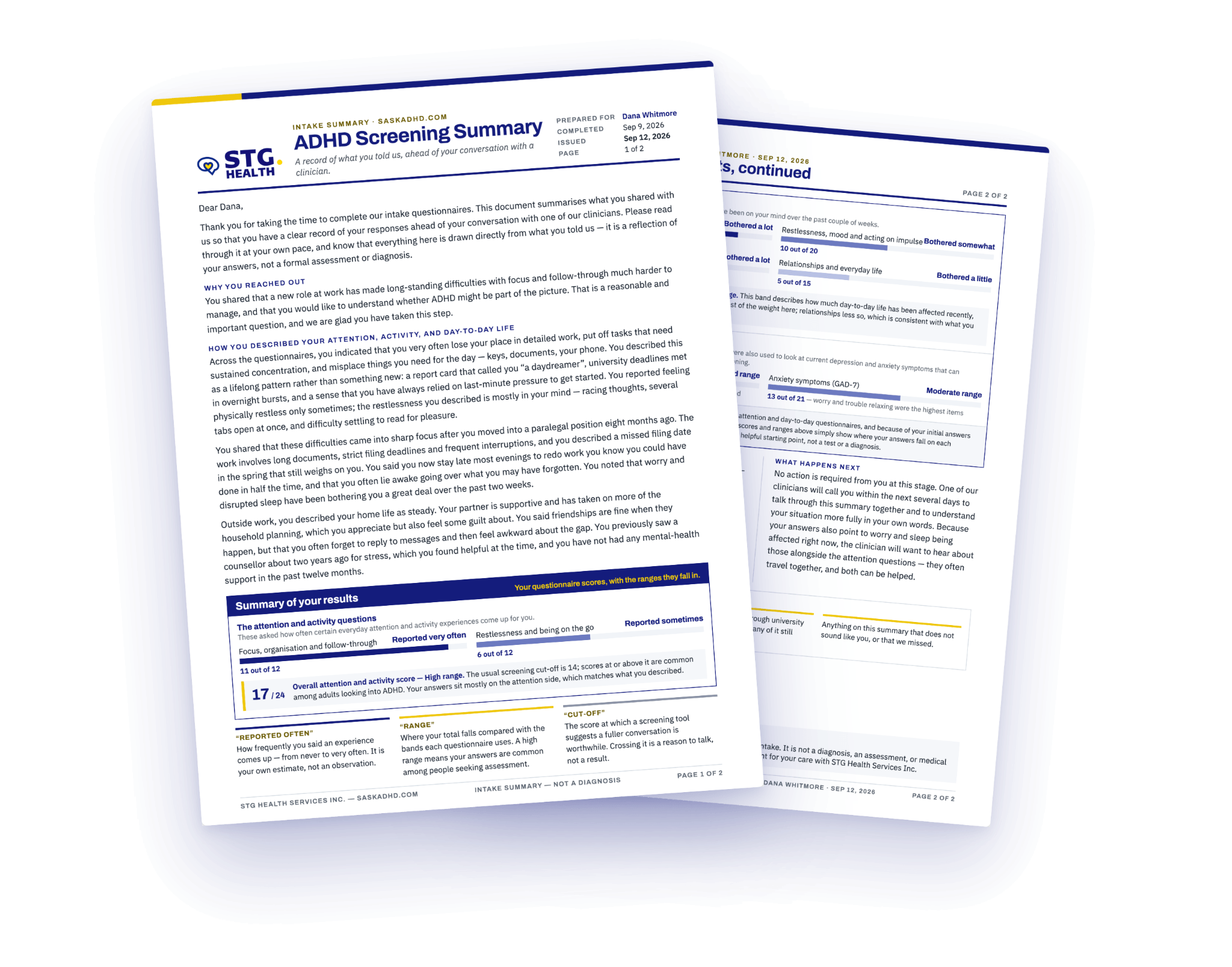 Preview of a two-page STG Health ADHD Screening Summary.
