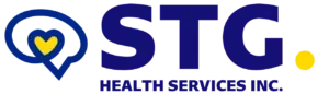 Logo for STG Health Services Inc. featuring a blue chat bubble with a yellow heart inside, followed by large blue letters STG and a yellow dot. Health Services Inc. is written below in blue text. STG-Health