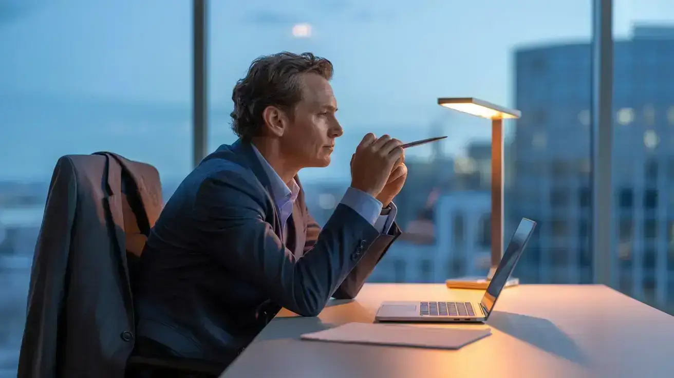 A man in a suit sits at a desk in a modern office at dusk, thoughtfully holding a pen while looking at a laptop, with buildings visible through large windows behind him. STG-Health