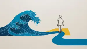 A person stands on a yellow platform at the end of a blue path, facing a large, stylized ocean wave forming in front of them, illustrating the concept of facing challenges. STG-Health