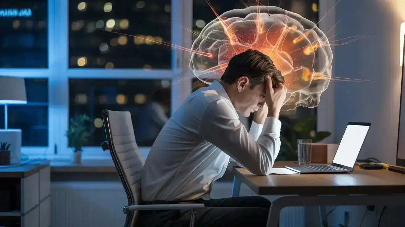 A man sits at a desk with his head in his hands, looking stressed, while a glowing illustration of a brain with sparks appears above his head, symbolizing mental overload or stress. A laptop is open in front of him. STG-Health