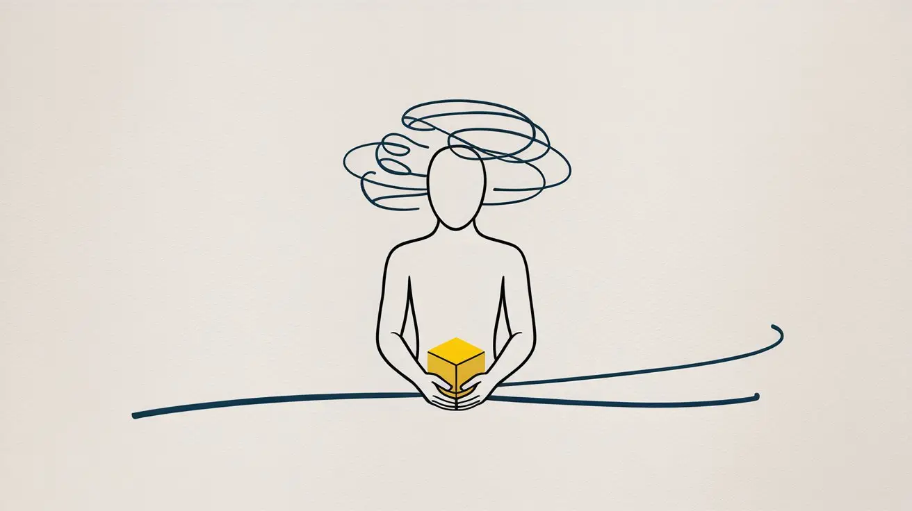 Minimalist drawing of a faceless person with swirling lines above their head, symbolizing thought, holding a small yellow cube in their hands, with a simple curved line beneath them. STG-Health