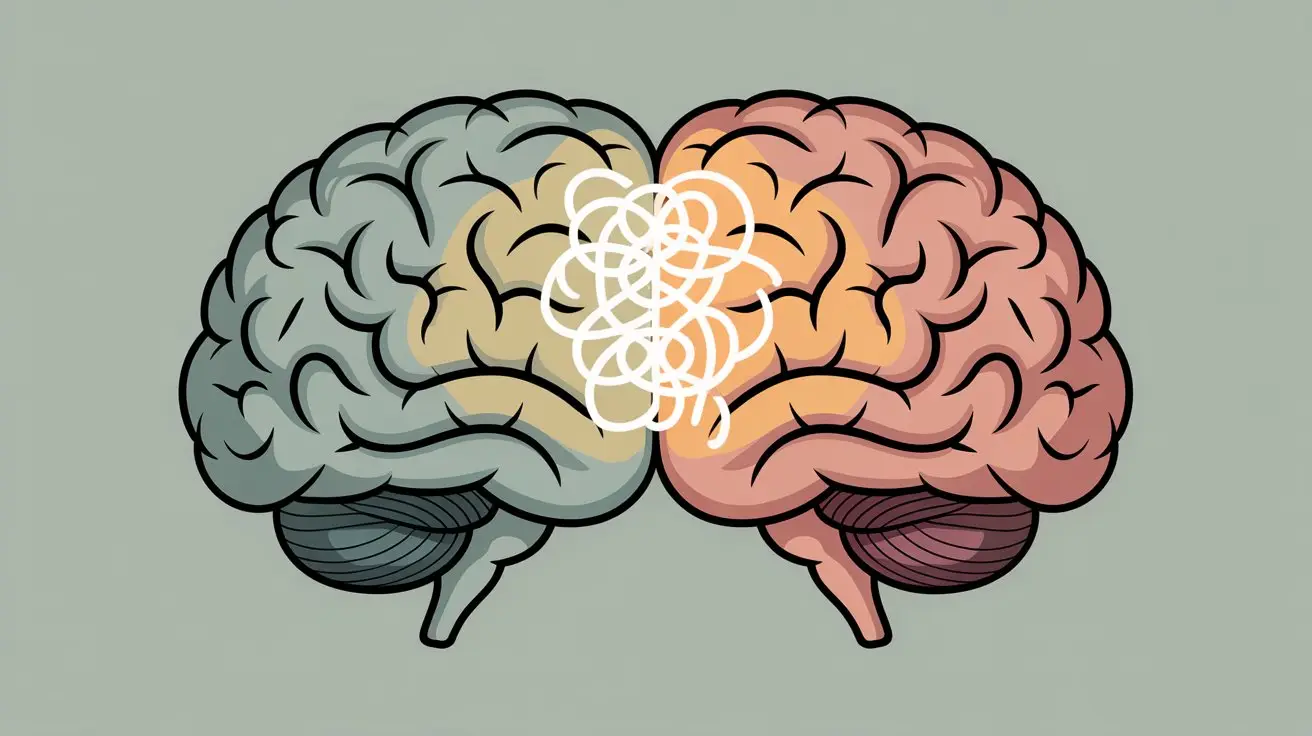 An illustration of a human brain split into two colored halves—blue-green on the left and peach-pink on the right—with a scribbled white tangle connecting both sides in the center. STG-Health