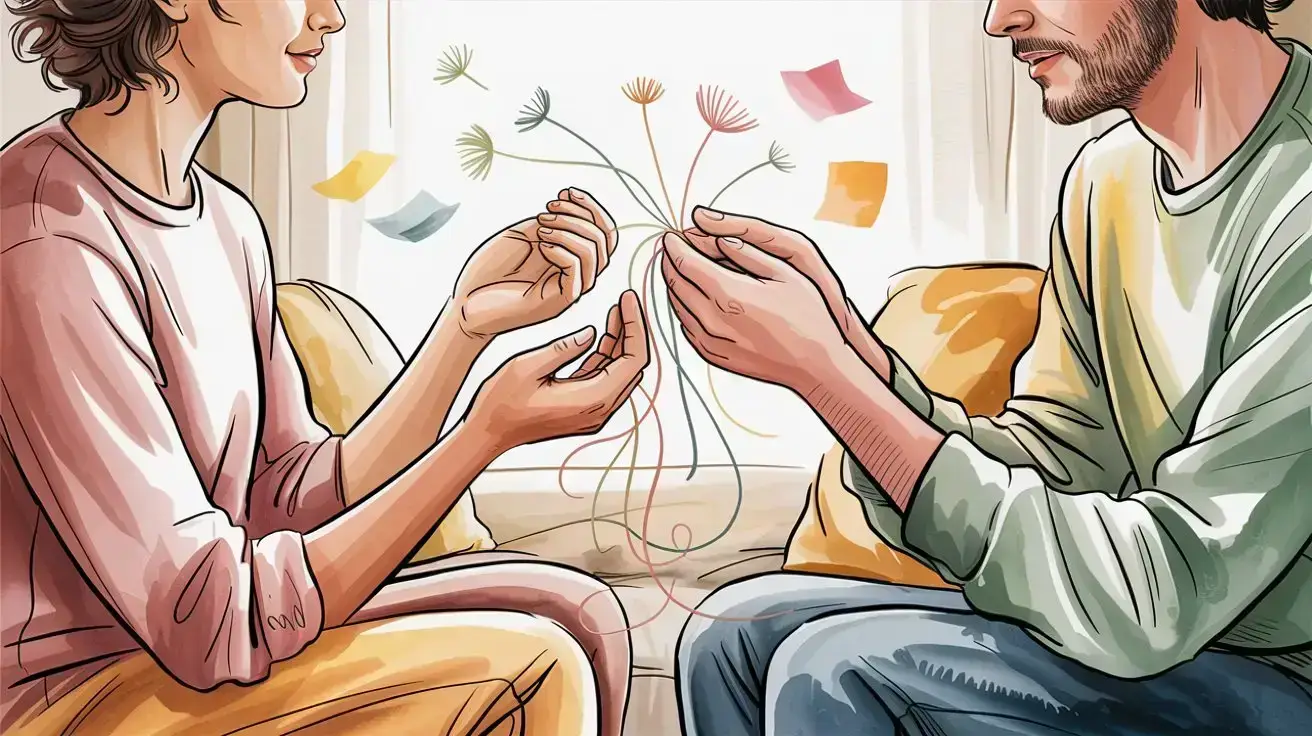 Two people sit facing each other on a couch, holding out their hands as colorful lines and flower-like shapes connect between them, symbolizing communication or emotional connection. Sticky notes are visible in the background. STG-Health