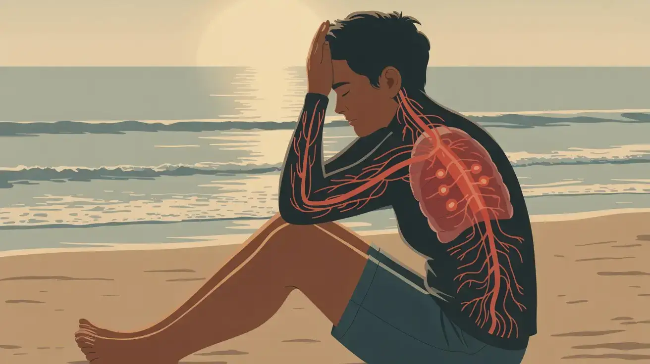 A person sits on the beach at sunset, holding their head in distress. Visible through their body are illustrated lungs and nerves, suggesting physical pain or anxiety. Waves and sunlight are in the background. STG-Health