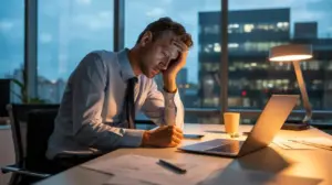 A man in business attire sits at a desk with his head resting on his hand, looking tired and stressed. He is surrounded by paperwork and a laptop, in an office with large windows overlooking city buildings at dusk. STG-Health