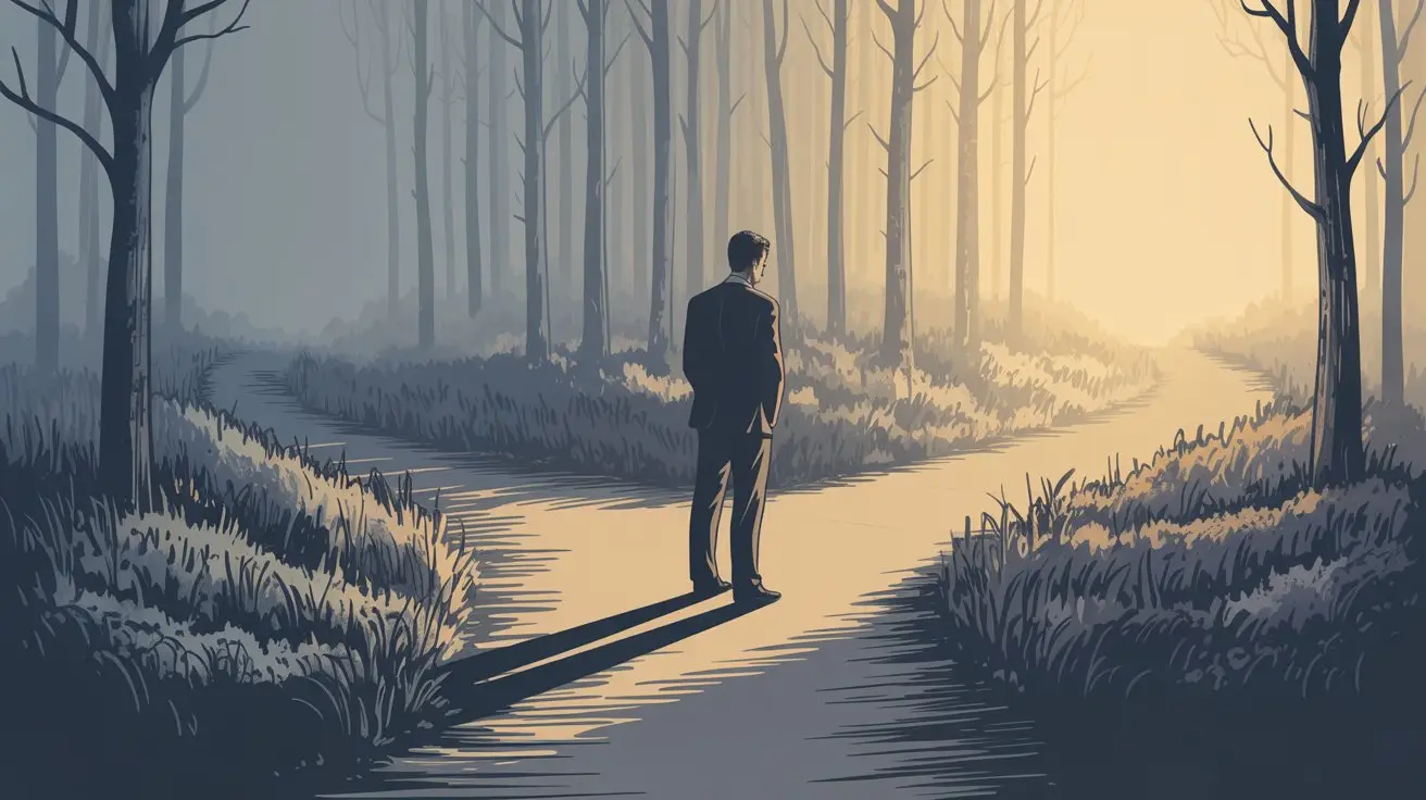 A man in a suit stands at a fork in a forest path, surrounded by leafless trees and soft light illuminating the path ahead, creating a contemplative and serene atmosphere. STG-Health