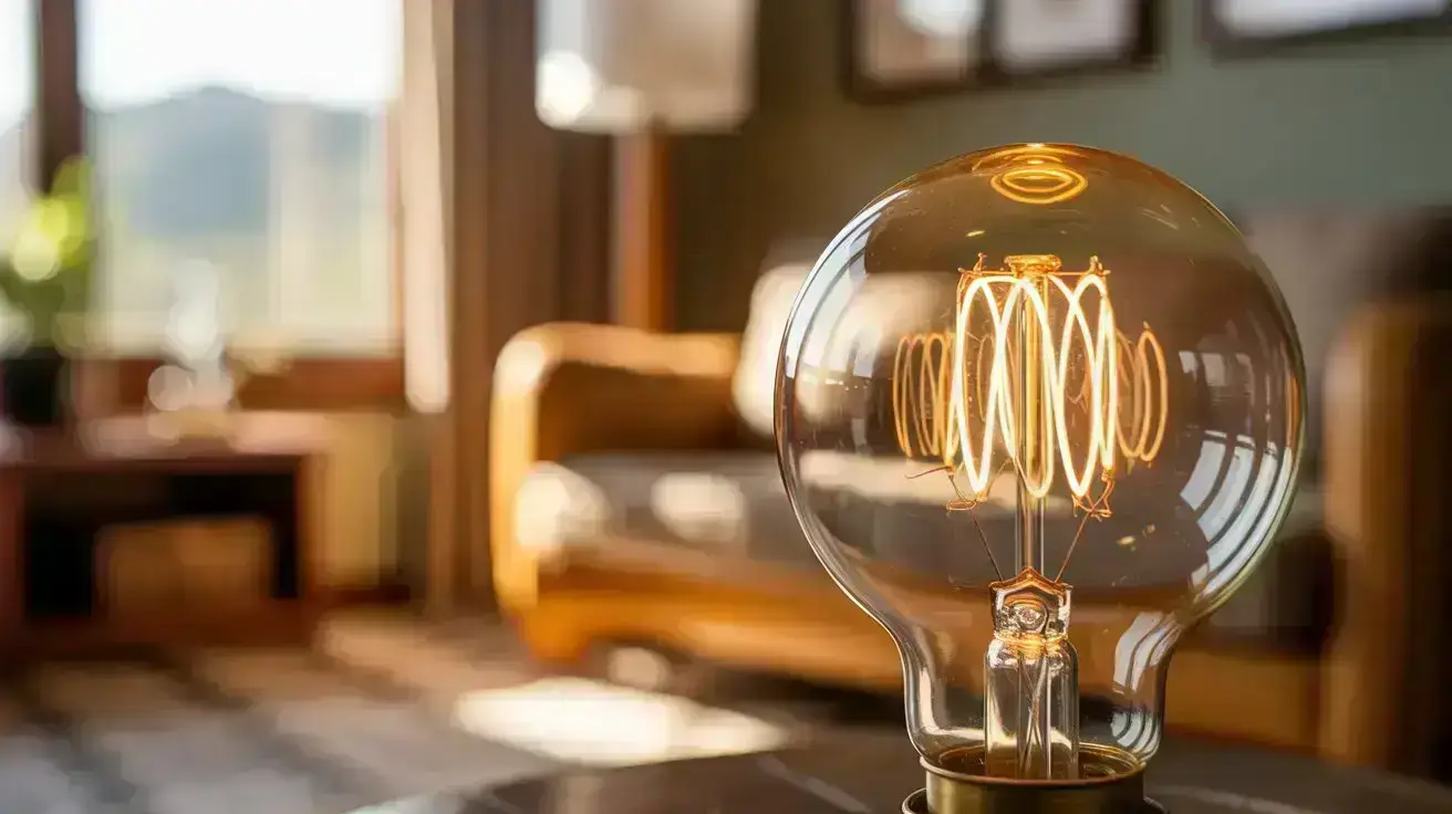 A glowing vintage-style light bulb sits on a table in a cozy, sunlit living room with a sofa and large window in the background. STG-Health