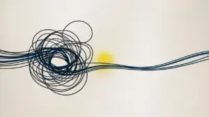 A tangle of dark blue lines unravels into smooth, parallel lines across a light background, with a soft yellow spot behind the transition from chaos to order. STG-Health