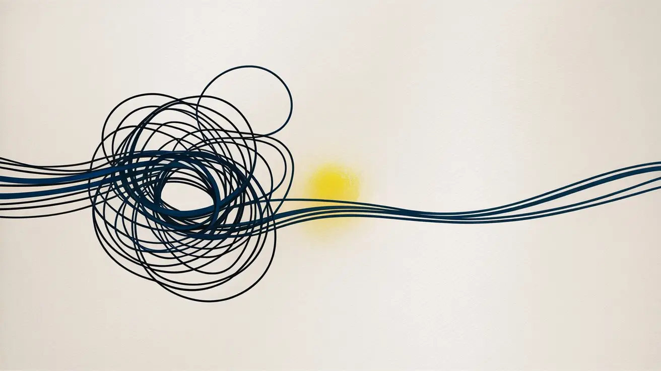 A tangle of dark blue lines unravels into smooth, parallel lines across a light background, with a soft yellow spot behind the transition from chaos to order. STG-Health