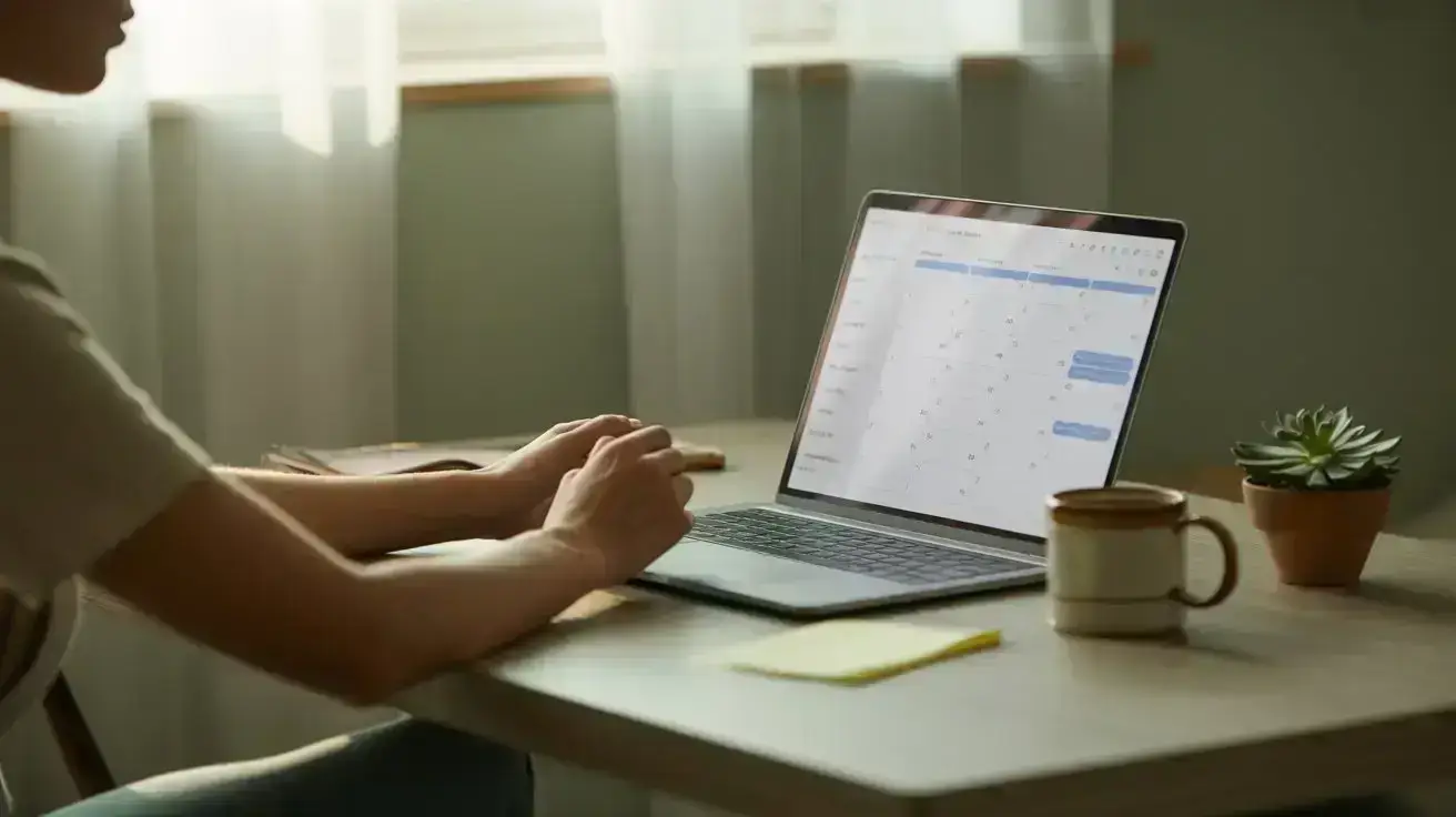 A person sits at a desk using a laptop with a calendar app open. Nearby are a coffee mug, a small potted plant, notebooks, and a sticky note. Sunlight filters through a window with sheer curtains. STG-Health