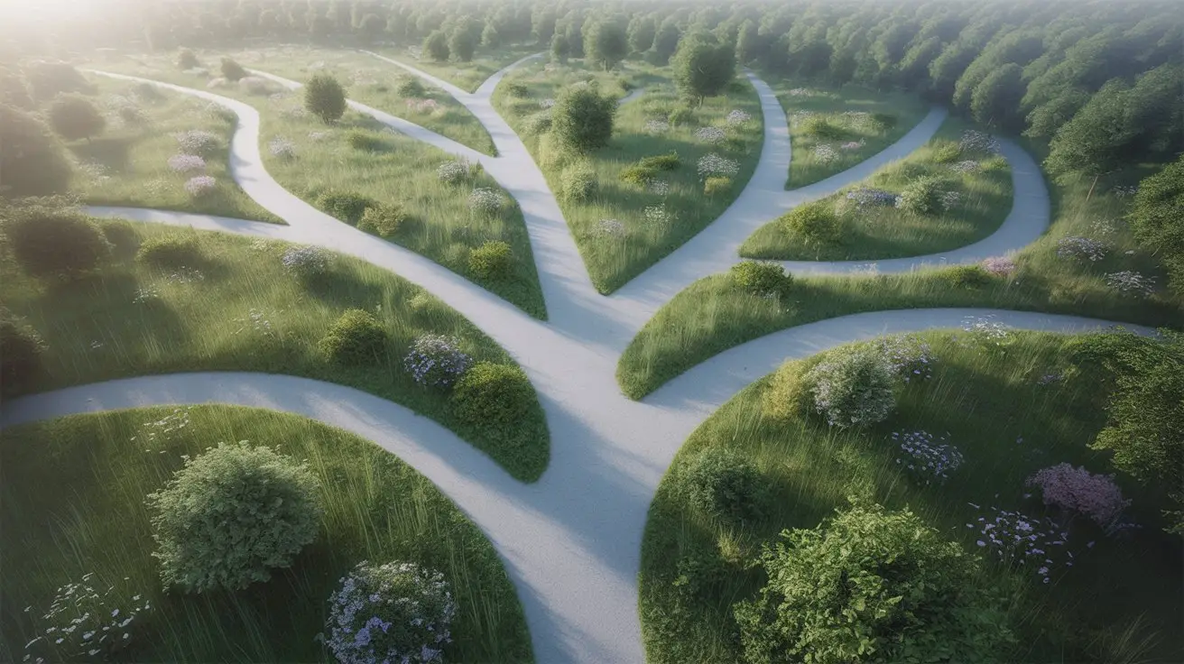 Aerial view of a lush green park with winding paths branching out like a tree, surrounded by grass, flowering bushes, and tall trees under soft sunlight. STG-Health