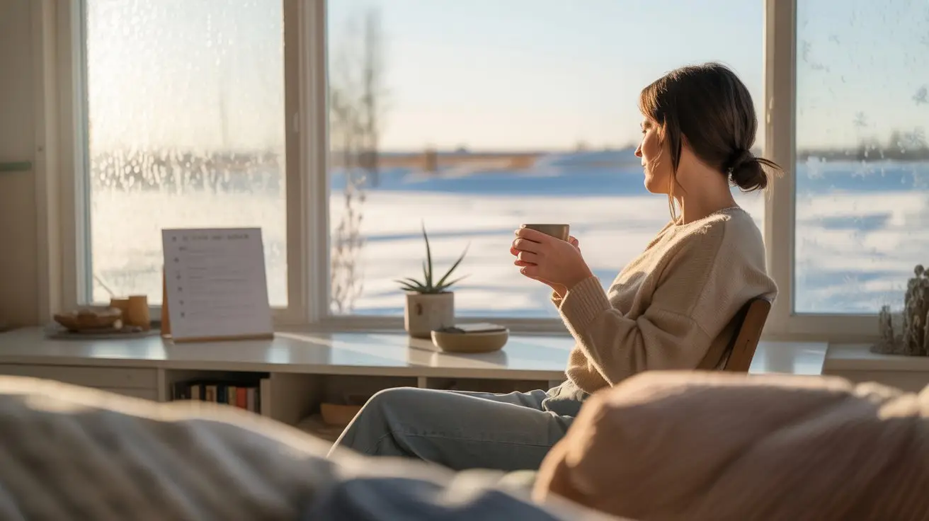 A woman sits by a window holding a mug, gazing outside at a snowy landscape in soft sunlight. A small plant, framed photo, and books are on the windowsill beside her. The scene looks calm and cozy. STG-Health