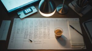 A desk with a lamp, glass of coffee, pen, notepad, smartphone, and a detailed handwritten schedule or planner on graph paper, lit warmly in the evening. STG-Health