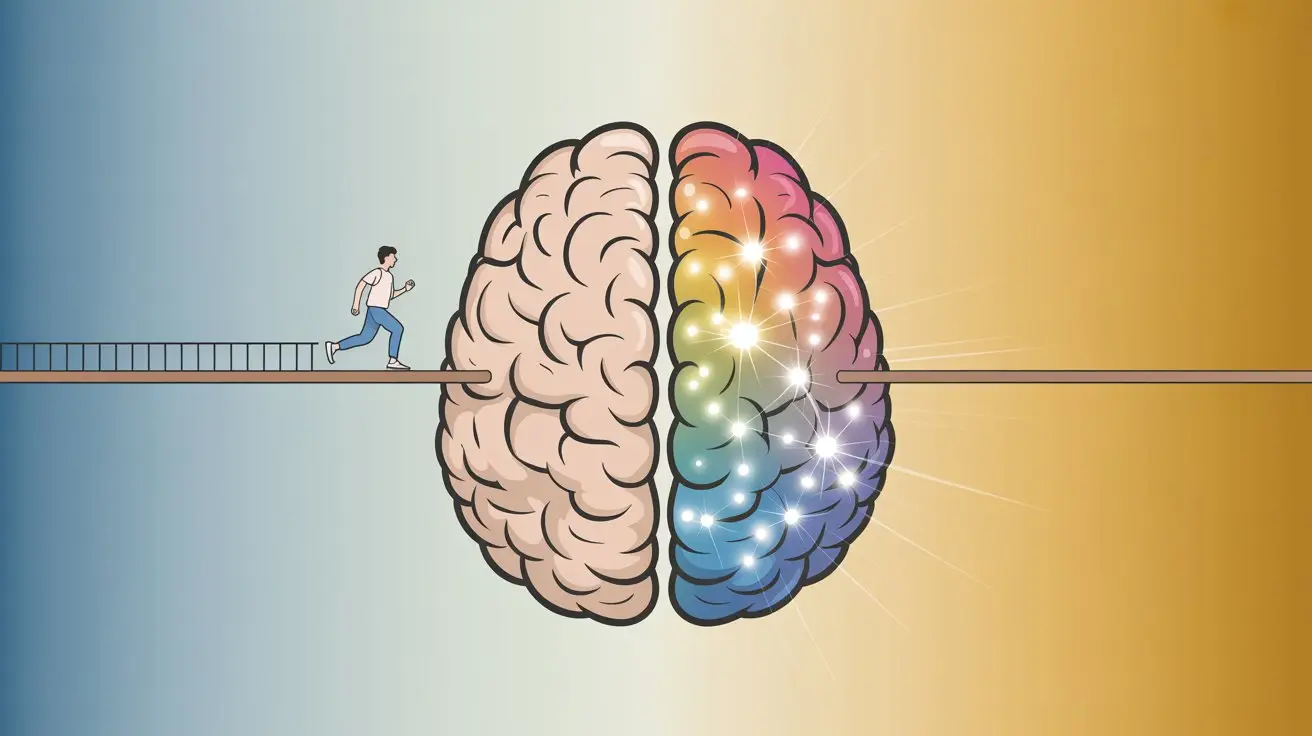 Illustration of a person running across a bridge shaped like a brain, with the left side beige and orderly and the right side colorful and sparkling, symbolizing logical and creative thinking. STG-Health