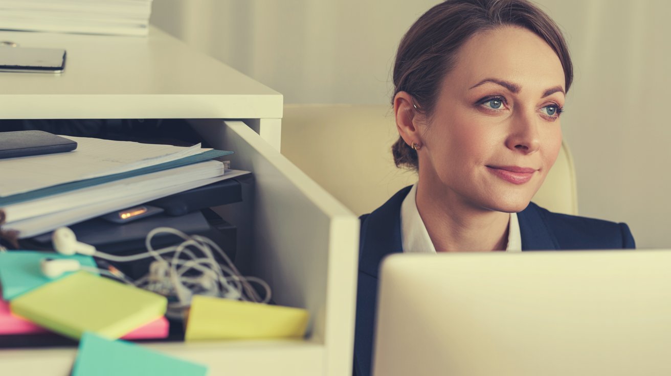 A woman in business attire sits at a desk with an open drawer filled with papers and electronic cords, colorful sticky notes on the desk, and a computer screen partially visible in front of her. STG-Health