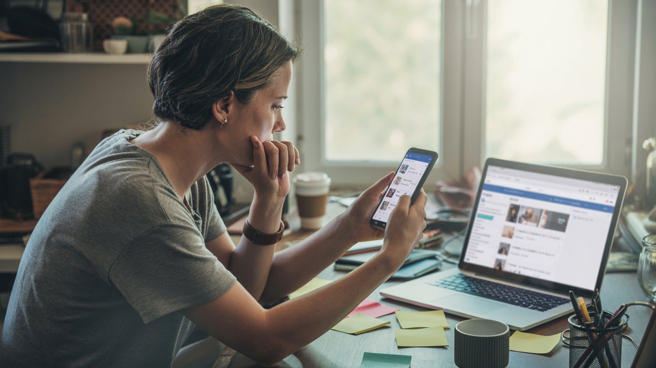 A person sits at a cluttered desk with sticky notes, looking at a smartphone and a laptop displaying a social media site, appearing focused and thoughtful. A coffee cup and window are in the background. STG-Health