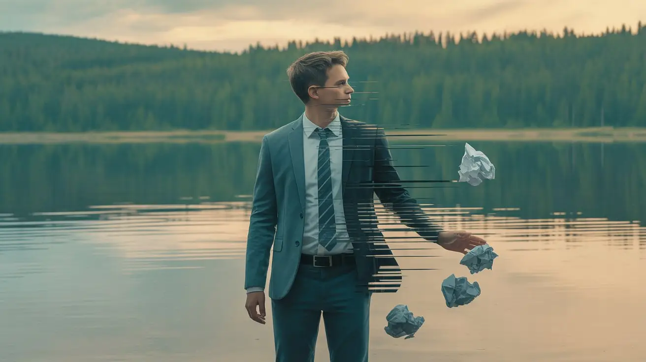 A man in a suit stands at the edge of a lake with forested hills in the background; the right side of his body appears digitally fragmented, with crumpled papers disintegrating into the air. STG-Health