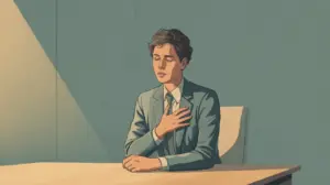 A person in a suit sits alone at a table with eyes closed and one hand over their chest, appearing calm and reflective as a beam of light shines on them from the side. STG-Health