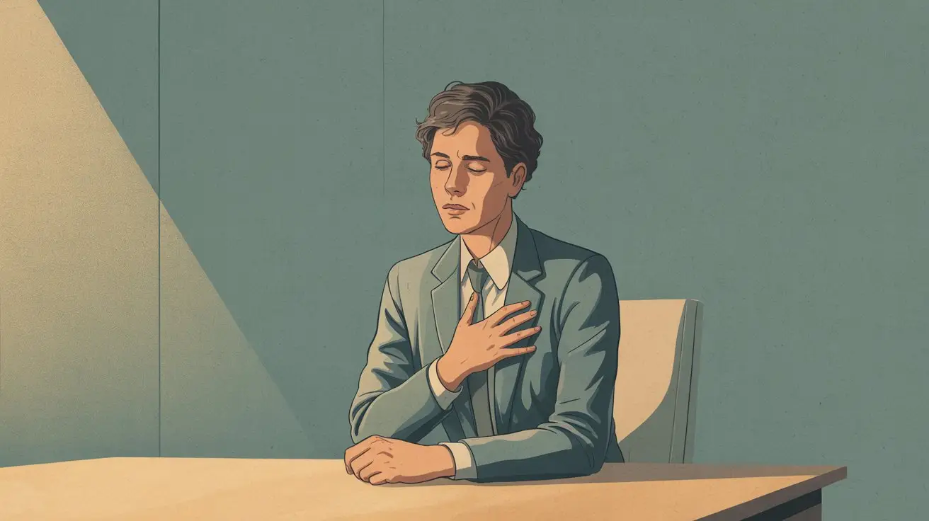 A person in a suit sits alone at a table with eyes closed and one hand over their chest, appearing calm and reflective as a beam of light shines on them from the side. STG-Health