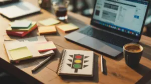 A wooden desk with a laptop, notebooks, colorful sticky notes, pens, a cup of coffee, and a notebook featuring a traffic light illustration on its cover. Sunlight streams onto the tidy workspace. STG-Health