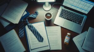 A cluttered desk with open documents, a striped tie, a cup of coffee, a prescription pill bottle, a laptop displaying spreadsheets, and a desk lamp illuminating the workspace. STG-Health