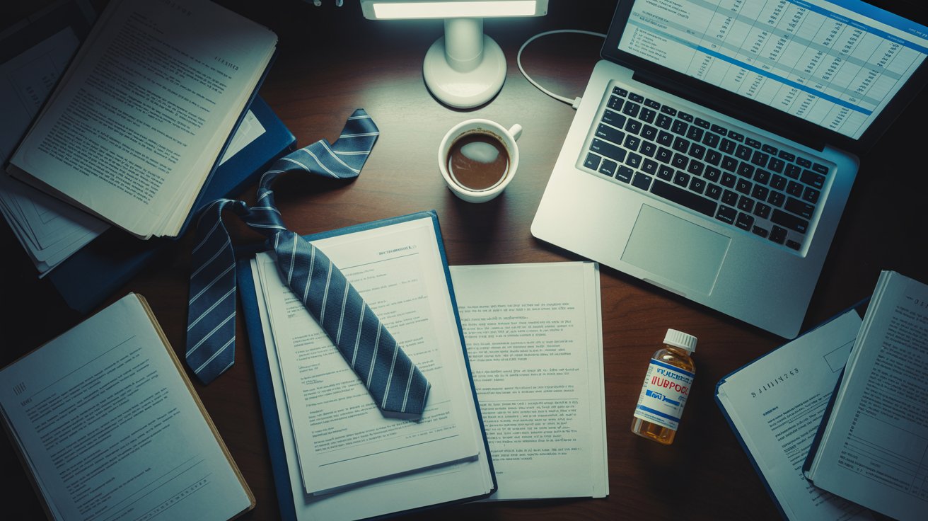 A cluttered desk with open documents, a striped tie, a cup of coffee, a prescription pill bottle, a laptop displaying spreadsheets, and a desk lamp illuminating the workspace. STG-Health