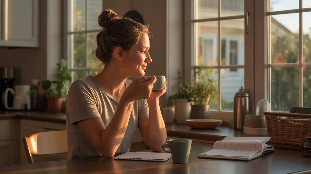 A woman sits at a kitchen table, holding a cup and looking out a sunlit window. An open notebook, pen, and another cup are on the table. The kitchen has potted plants and warm, natural morning light. STG-Health