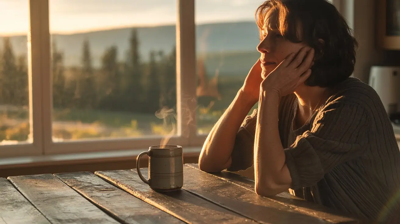 A woman sits at a wooden table with a steaming mug, gazing out a window at a sunlit landscape, resting her chin in her hands, looking thoughtful and relaxed in the warm light. STG-Health