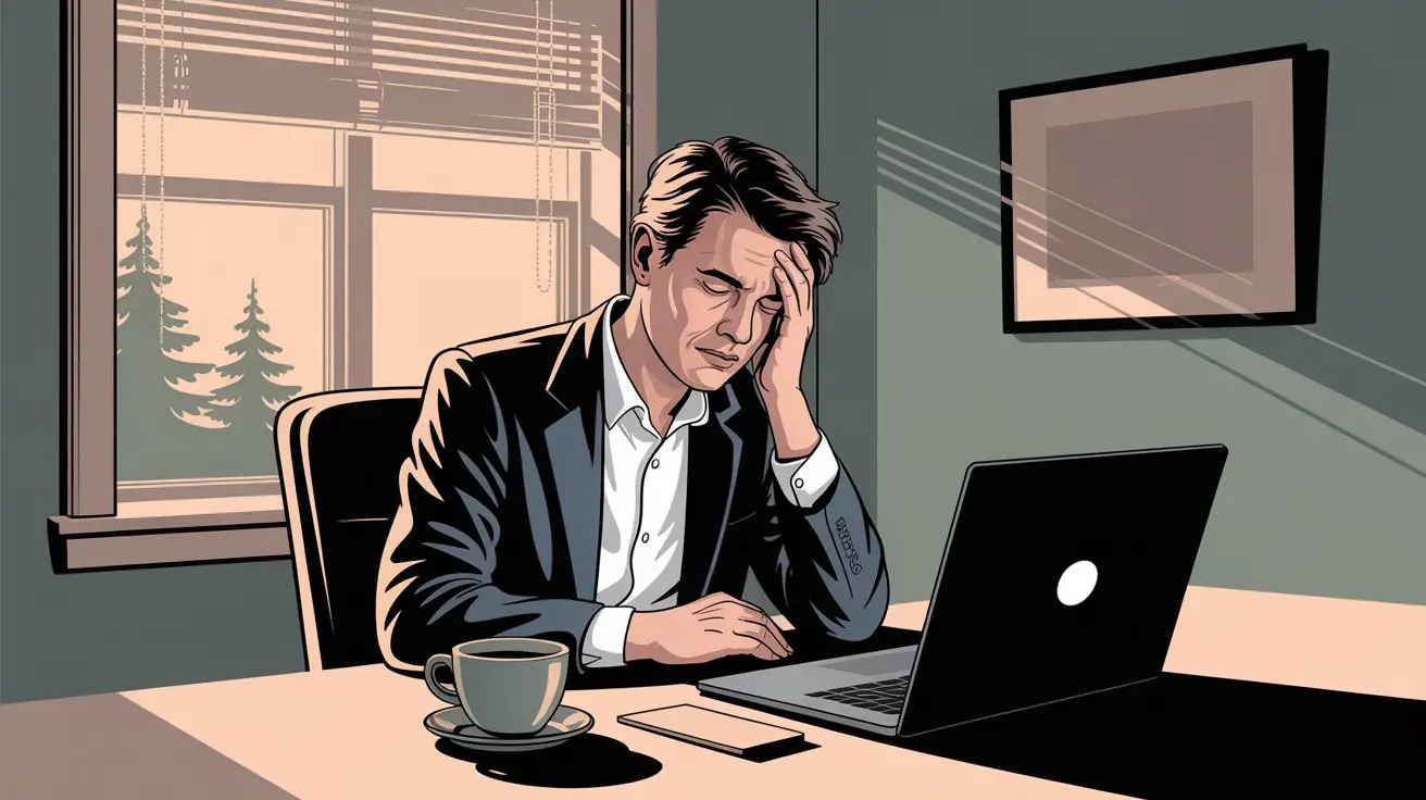 A man in a suit sits at a desk with a laptop, holding his head in frustration. Sunlight streams through a window behind him. A cup of coffee and a smartphone are on the desk. The scene suggests workplace stress. STG-Health