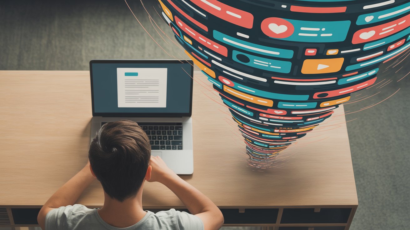 A person sits at a desk using a laptop, while a colorful digital swirl of social media icons and notifications spirals upward from the screen, representing online information overload. STG-Health