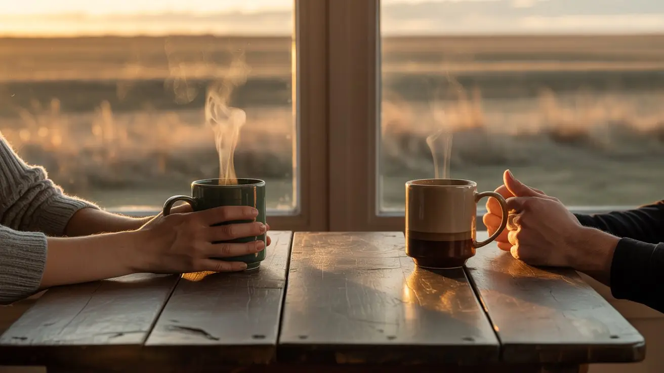 Two people sit across from each other at a wooden table, each holding a steaming mug, with sunlight streaming in through a window and a field visible outside. STG-Health