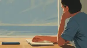 A person sits at a wooden table by a window, gazing outside with their chin resting on one hand. An open notebook and a smartphone lie on the table, and sunlight streams in through the window. STG-Health