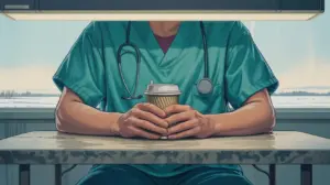 A person in medical scrubs with a stethoscope around their neck sits at a table, holding a paper coffee cup with both hands. A large window behind them shows a wintry landscape outside. STG-Health
