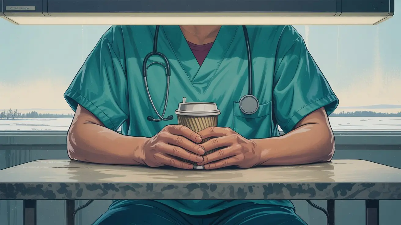 A person in medical scrubs with a stethoscope around their neck sits at a table, holding a paper coffee cup with both hands. A large window behind them shows a wintry landscape outside. STG-Health