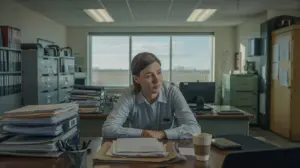 A woman sits at a desk in an office with stacks of paperwork, a coffee cup, and a phone in front of her. She appears to be listening or talking, with large windows and office equipment in the background. STG-Health