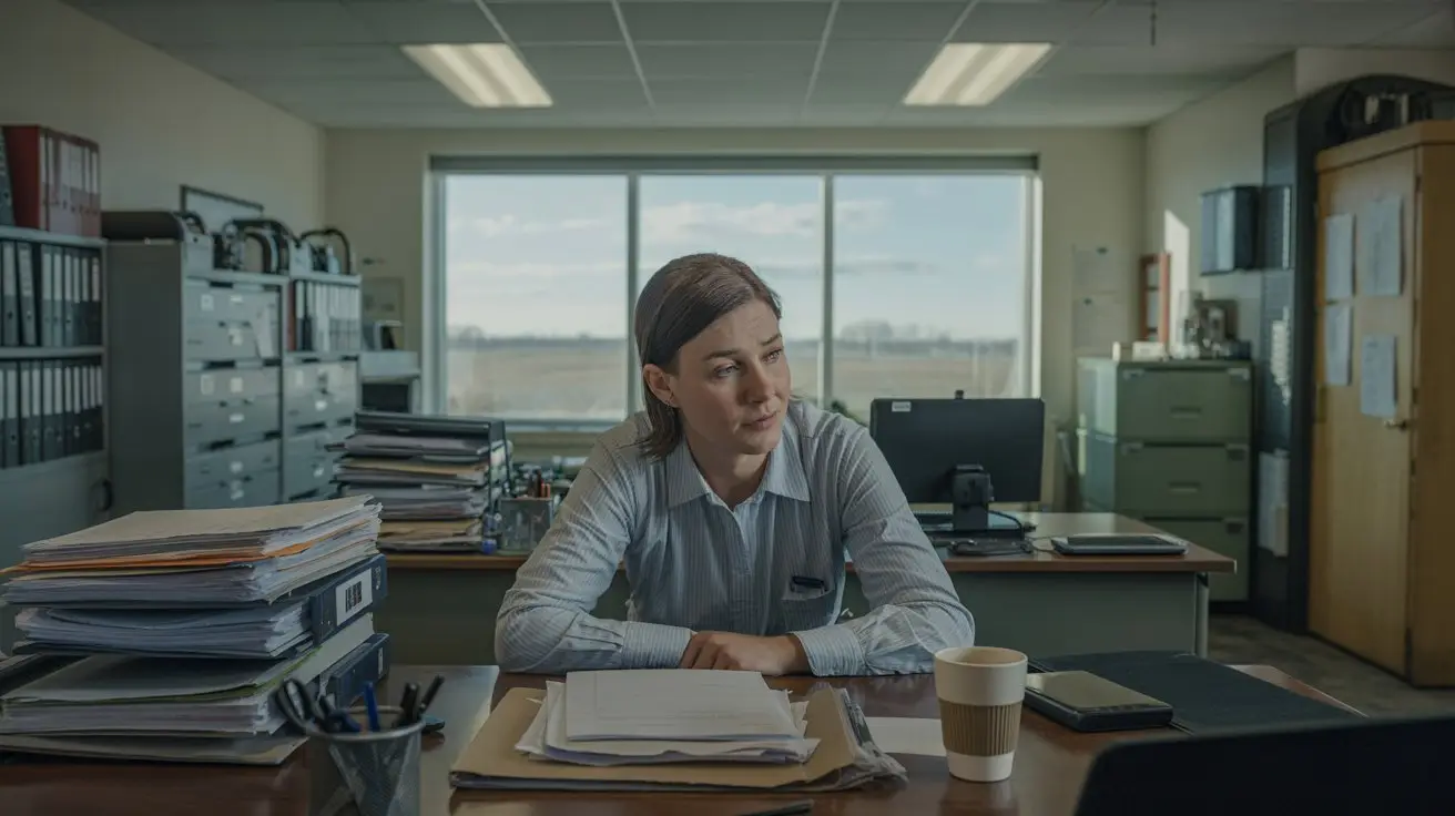 A woman sits at a desk in an office with stacks of paperwork, a coffee cup, and a phone in front of her. She appears to be listening or talking, with large windows and office equipment in the background. STG-Health