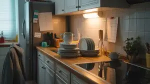 A stack of clean dishes, cups, and bowls sits on a wooden kitchen counter near a stovetop, under warm light. The kitchen has white cabinets, utensils in holders, and a potted plant by the tiled backsplash. STG-Health