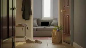 A hallway with a coat and keys hanging, shoes on the floor, and a table. An open door reveals a living room with a sofa, laptop, and a paper bag containing groceries and a plant placed on the floor. STG-Health