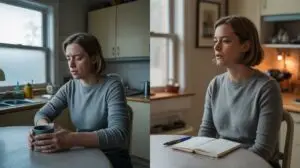 A woman with short hair sits at a kitchen table in two scenes: on the left, she looks down with a sad expression holding a mug; on the right, she sits near an open notebook, appearing thoughtful and concerned. STG-Health