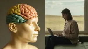 A split image: on the left, a model head with a color-coded brain; on the right, a woman sits by a window, working on a laptop with a scenic landscape visible outside. STG-Health