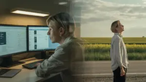 A woman works at a desk with multiple computer monitors in an office, while a transparent overlay shows her standing outside on a rural road, eyes closed, enjoying the fresh air and nature. STG-Health