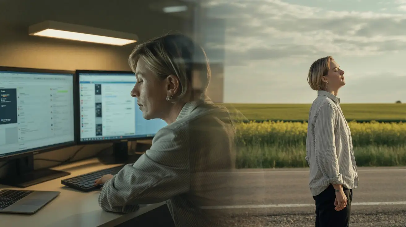 A woman works at a desk with multiple computer monitors in an office, while a transparent overlay shows her standing outside on a rural road, eyes closed, enjoying the fresh air and nature. STG-Health