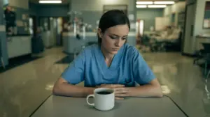 A woman in blue scrubs sits at a table in a hospital break room, looking down thoughtfully at a cup of coffee in front of her. The background shows a medical setting with equipment and empty chairs. STG-Health