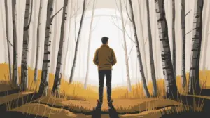 A person in a brown jacket stands alone in a sunlit forest of tall, leafless trees, surrounded by golden grass and soft light filtering through the trunks. STG-Health