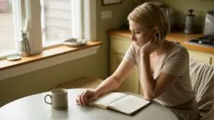 A woman with short blonde hair sits at a round kitchen table by a window, reading a notebook with a pen in hand. A mug is on the table, and soft natural light fills the cozy room. STG-Health