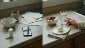 Split-composition kitchen scene: a neglected coffee mug and empty bowl on the left; a simple, real meal — yogurt with berries, boiled egg, water — on the right. Illustrating ADHD and everyday nutrition.