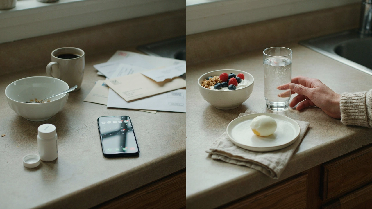 Split-composition kitchen scene: a neglected coffee mug and empty bowl on the left; a simple, real meal — yogurt with berries, boiled egg, water — on the right. Illustrating ADHD and everyday nutrition.
