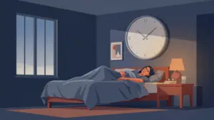 Adult lying awake at night beside a warm lamp with a wall clock showing a late hour, illustrating a delayed ADHD body clock.