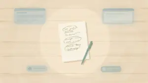 Overhead illustration of a notepad with a short task list and three items circled in green, with faint fading notification icons around the edges, representing calming ADHD overwhelm to prioritize tasks.